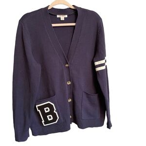 Letterman Cardigan Sweater button up- White Stripes -Letter B on Pocket Size XL